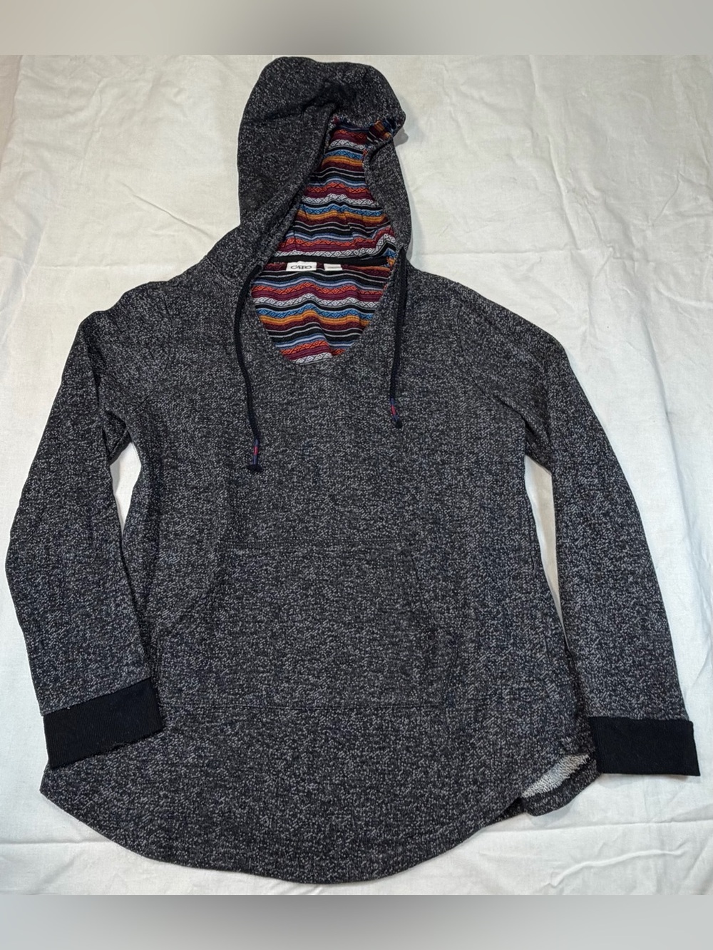 Cato Heathered Black Hoodie with Multicolor Striped Hood Lining